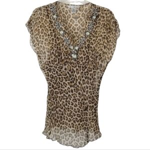 WD NY Silk Baby Doll Top Cheetah Animal Print Size 10 Sheer Sleeveless Empire